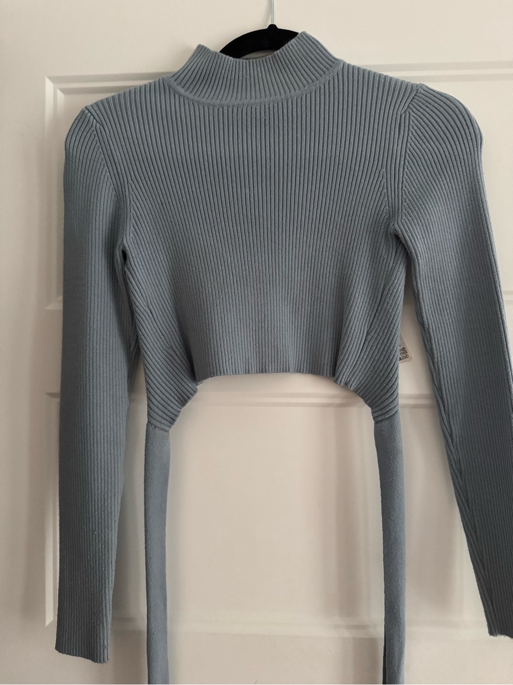 Zara Dusty Blue Ribbed Mock-Neck Cropped Top